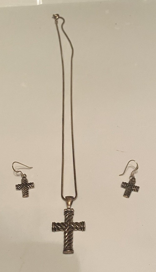 VTG Sterling Silver Rope Cross Necklace & Earrings