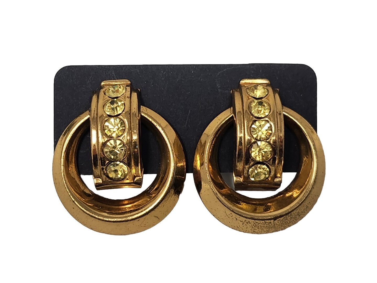 Signed CORO Gold Tone Yellow Rhinestone Screw-back Earrings Vintage Round Circle