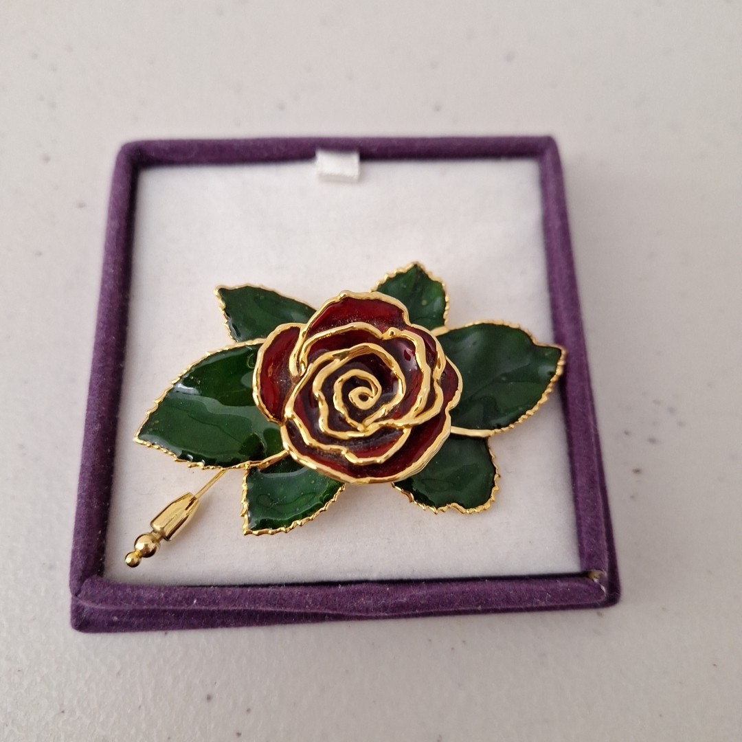 VINTAGE METAL ENAMEL ROSE FLOWER PIN BROOCH RUFFLE PETALS Rose 3″ NEW