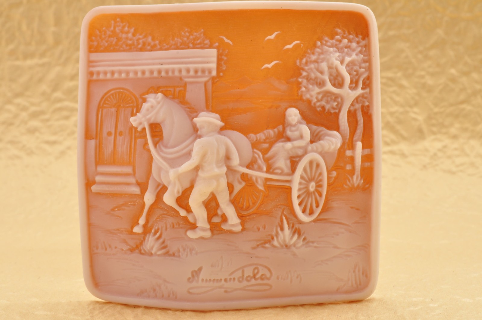 Vintage square shell cameo, carved “Women going out”, (74.5ct) sign by artist.