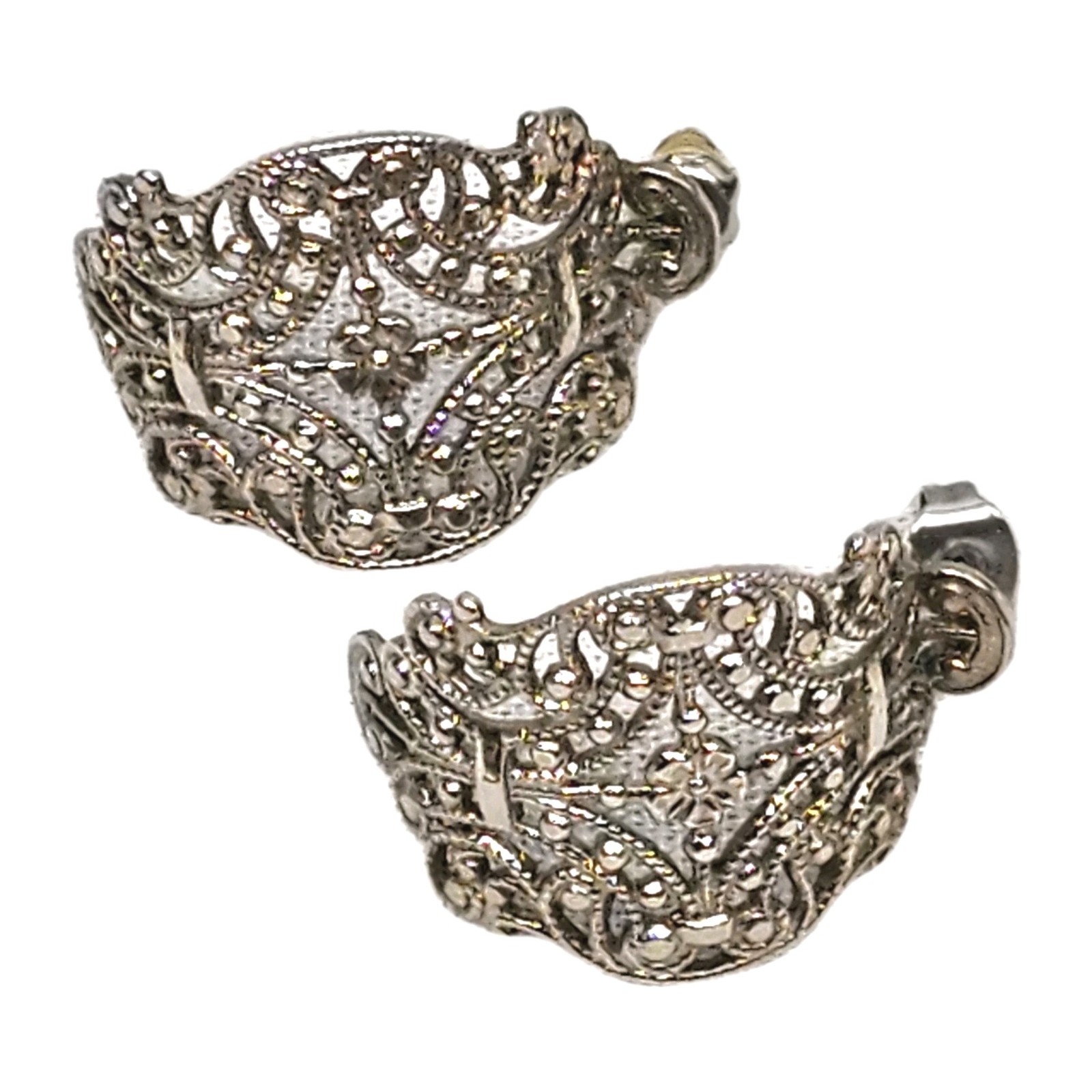 Vintage Silvertone Filigree Half Hoop Curved Pierced Earrings 1″ | Ornate Design