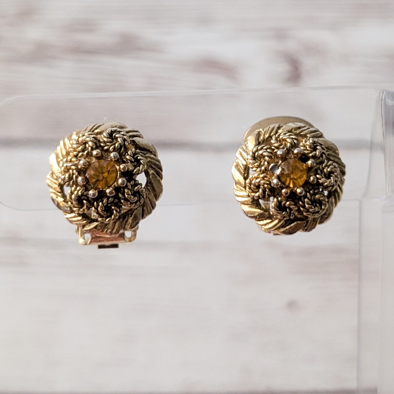 Vintage Clip On Earrings Stunning Gold Tone & Amber Tone Gem Statement