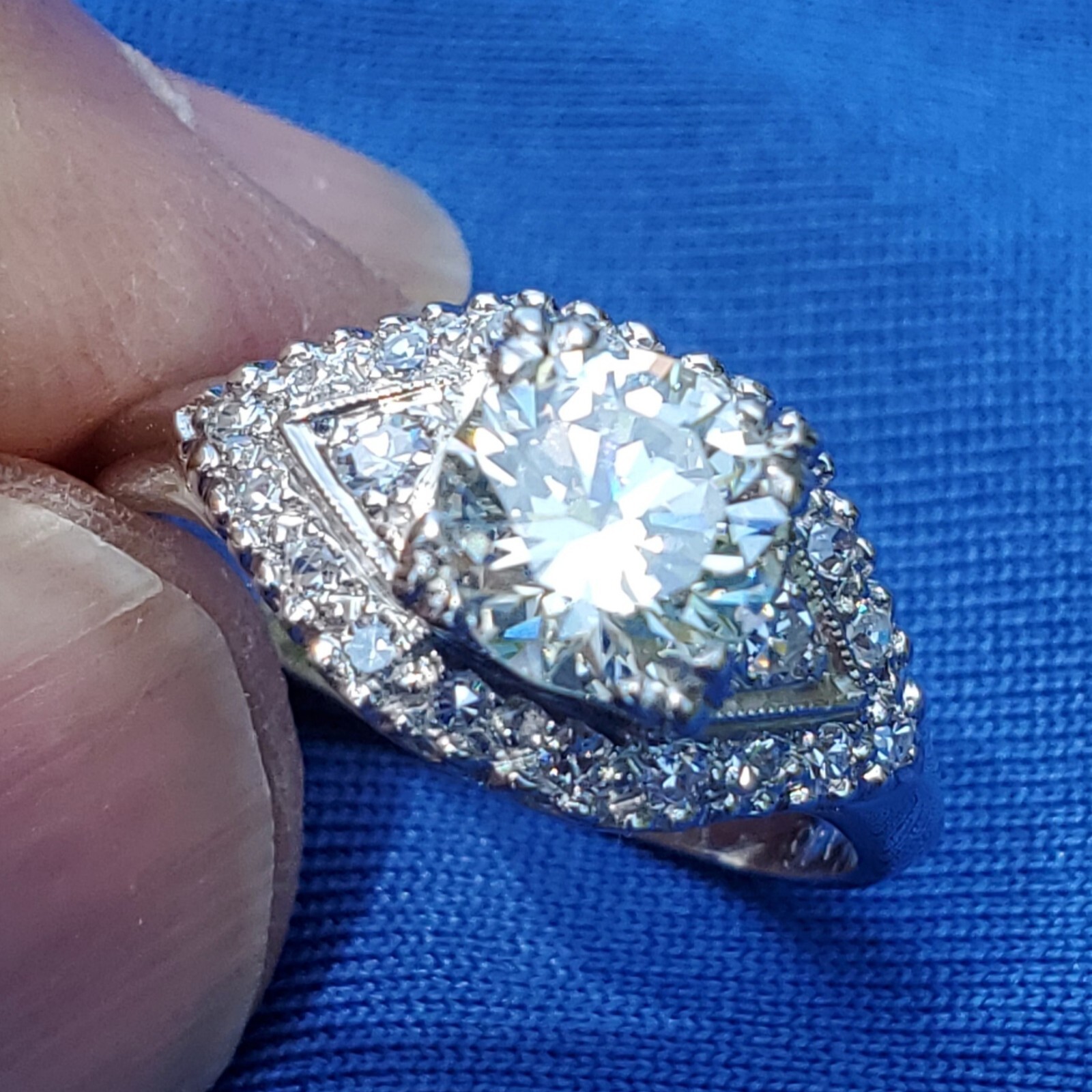 Original EARTH MINED DIAMOND Deco SOLID PLATINUM Engagement Ring & Wedding Band