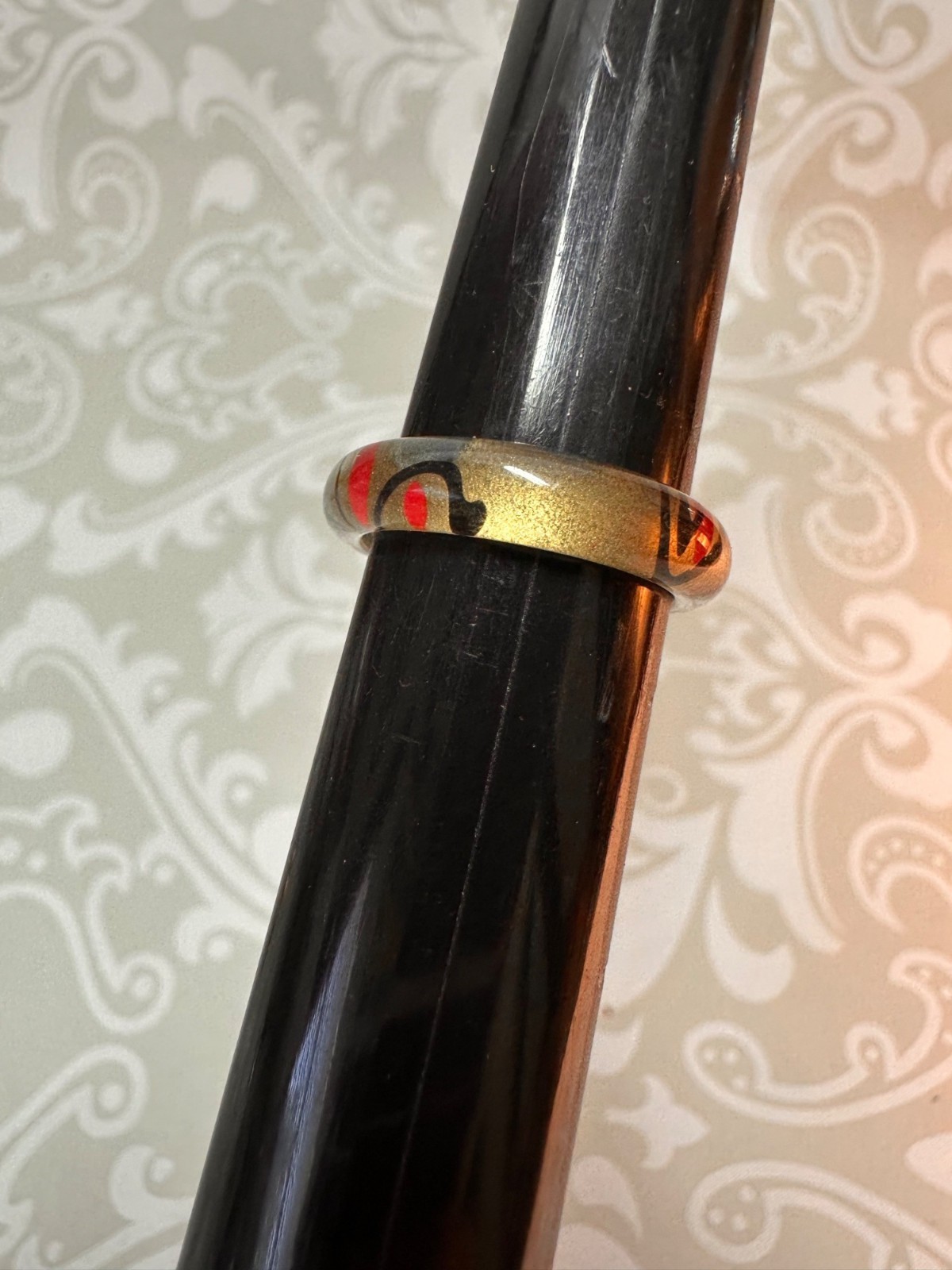 Thin Lucite Band Ring Red and Black Abstract Design Size 7.5