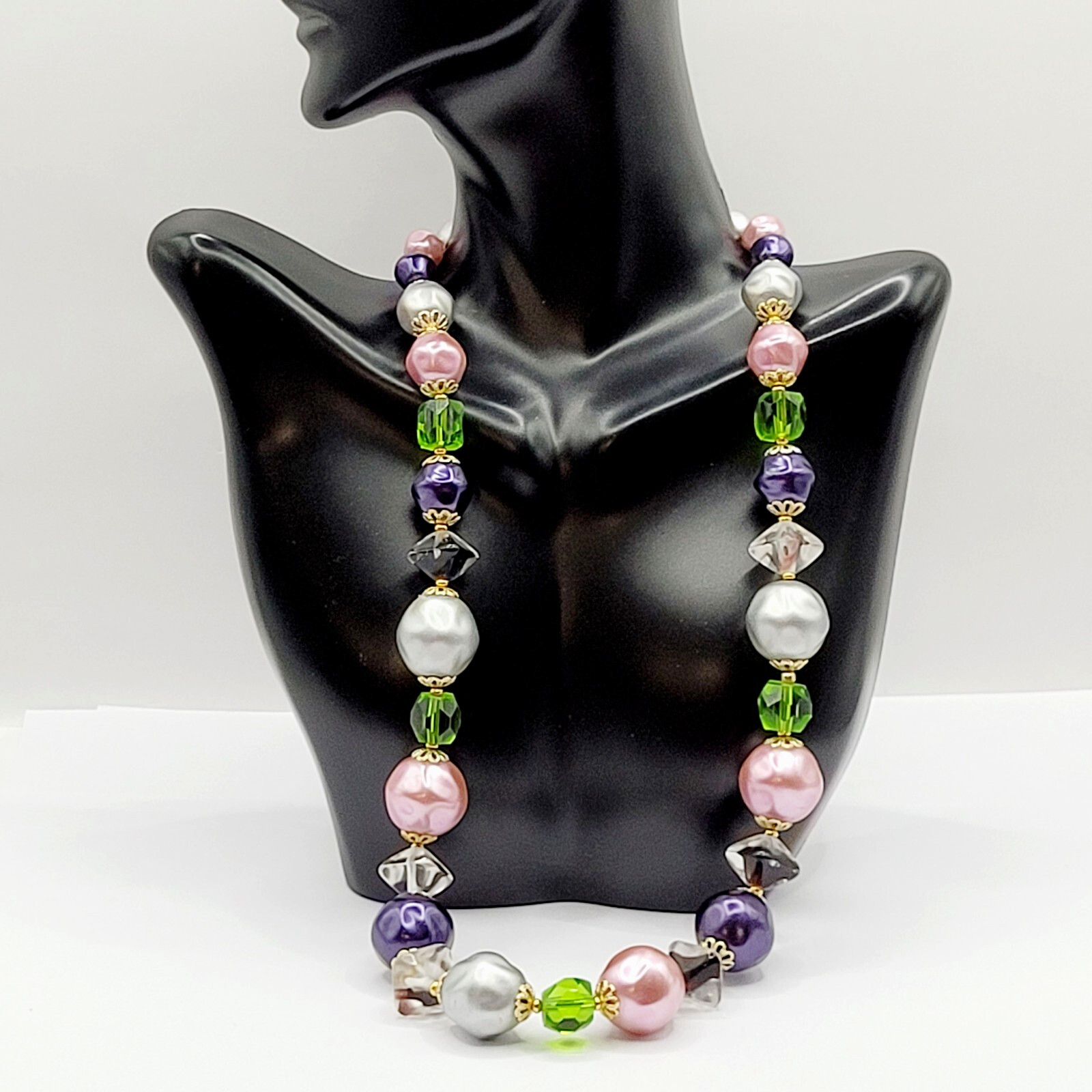 Colorful Glass & Faux Pearl Style Multi Color Shape Bead Vintage Necklace 21 In