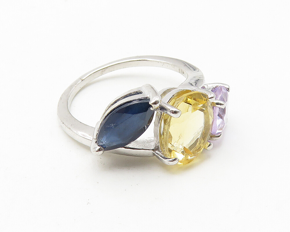 925 Sterling Silver Amethyst Citrine & Sapphire Shiny Band Ring Sz 7 RG10547