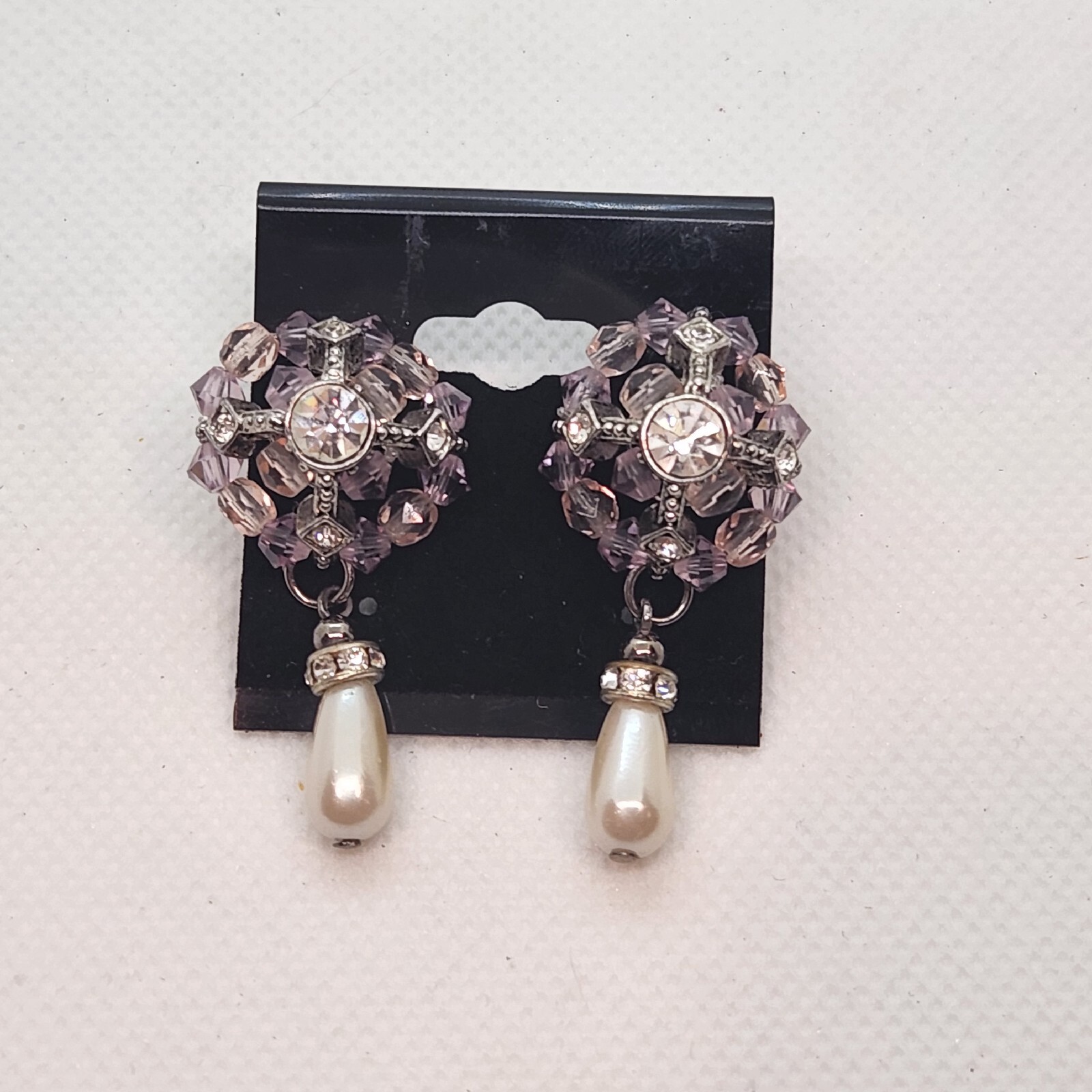 Purple Beadwork Rhinestone And Faux Pearl Dangle Earrings