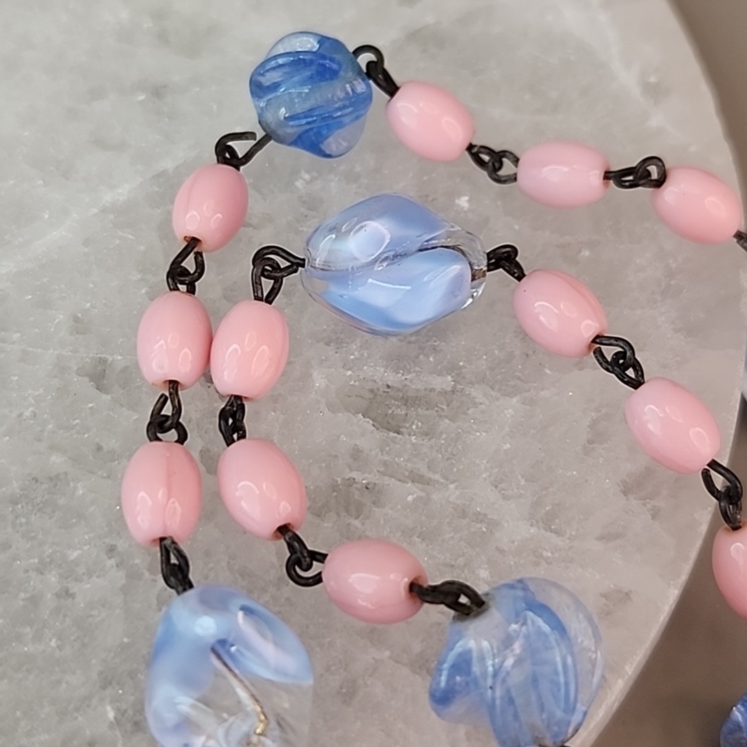 Vintage Art Deco Beaded Necklace Blue Givre Pink Milk Glass 59″ Long Flapper