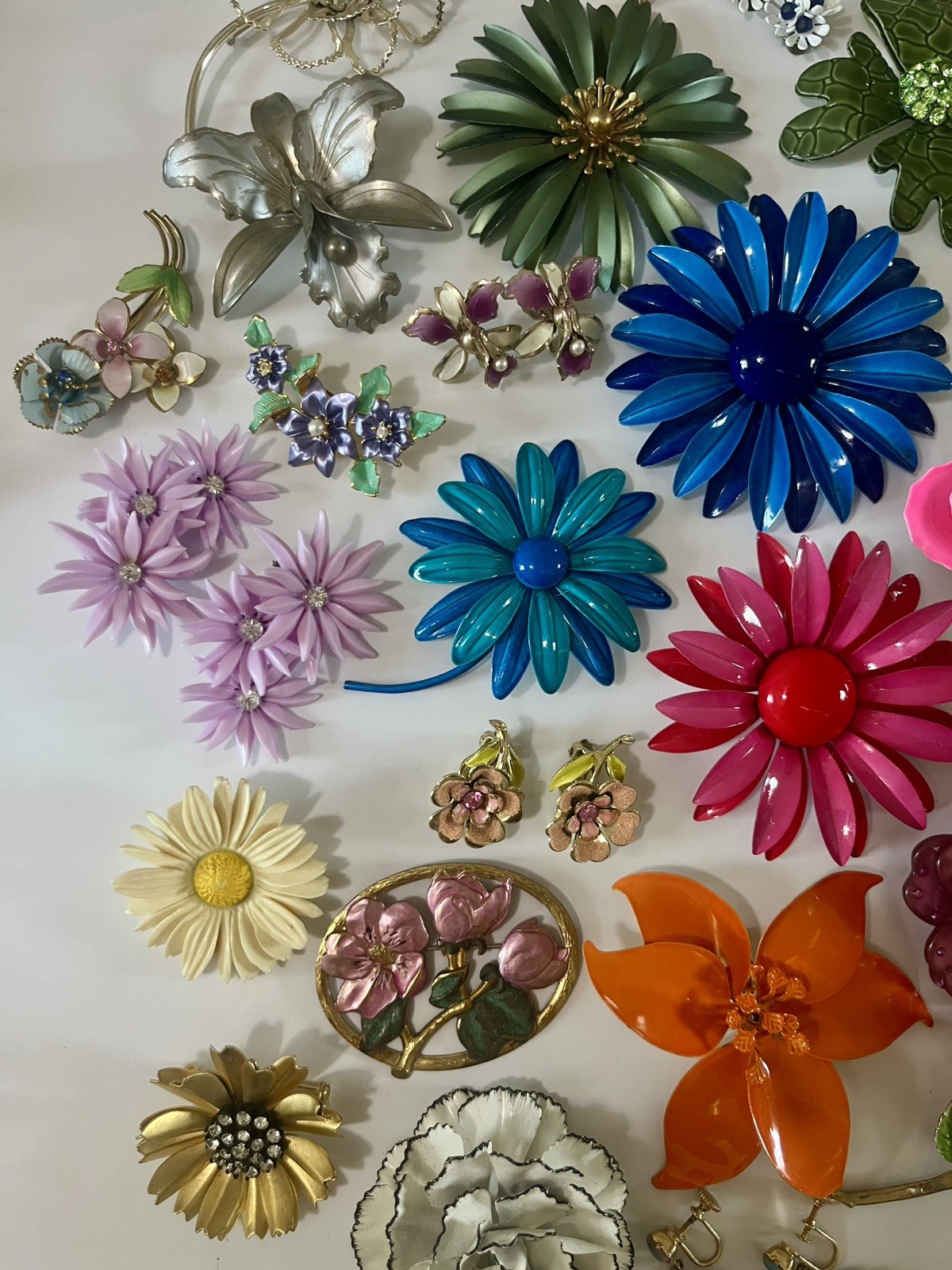 Vtg Enamel Flower Brooch Pin Earring Lot Rhinestone Signed Retro Jewelry 62 pc
