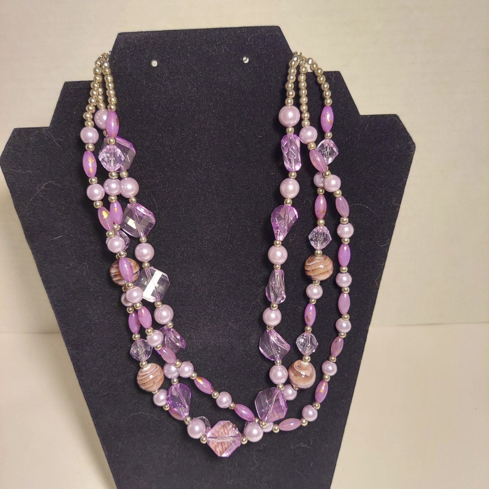 VTG Lavender Purple Crystal Faux Pearl Bead Necklace 15” Long 3 Strand