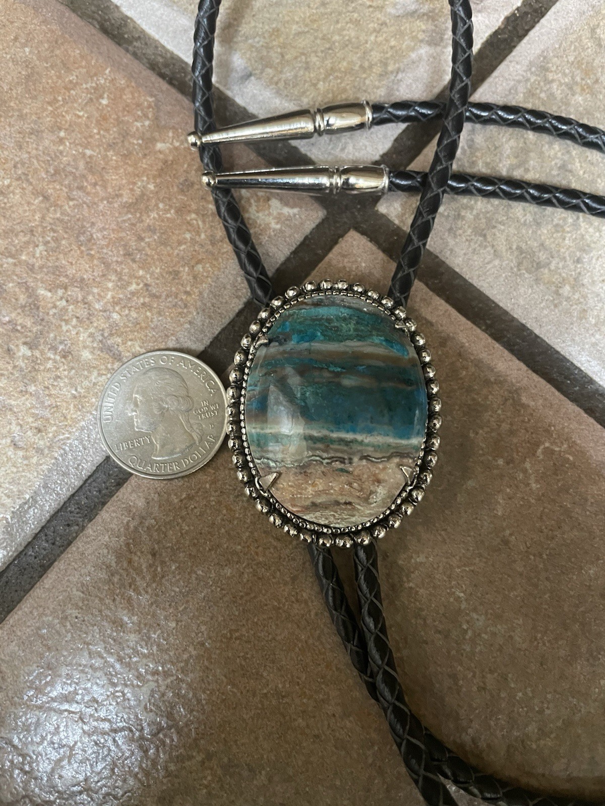 Bolo Tie With Beautiful Large Arizona Blue Chrysocolla Stone