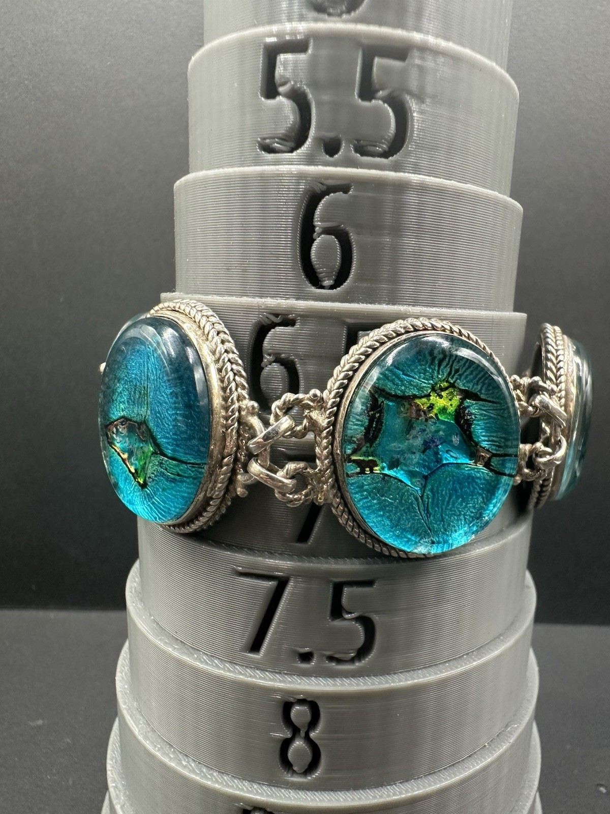 Vintage Sterling Silver 925 Beetle Wing Elytra Bracelet Blue Green 44.29g 6.5”