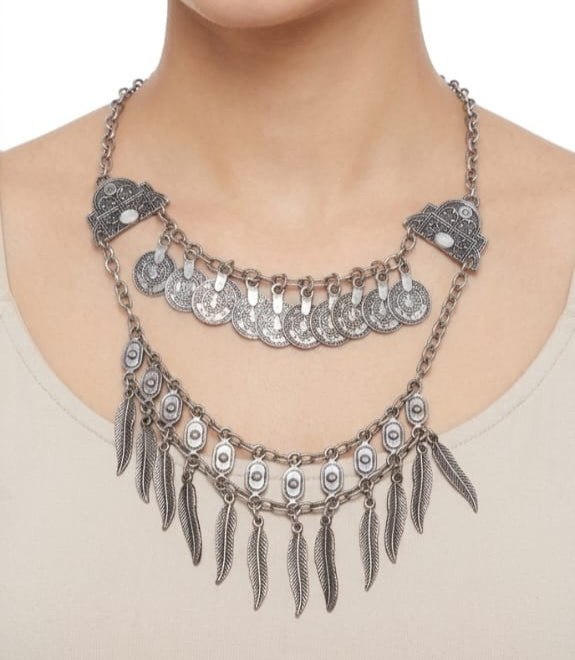 Vintage Silver Tone Boho Coin Feather Tassel Layered Necklace Gypsy Bibi Women