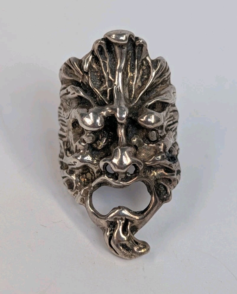 Unisex 60s Handmade Sterling Silver 999 Pagan Green Man Of The North Ring Sz 7