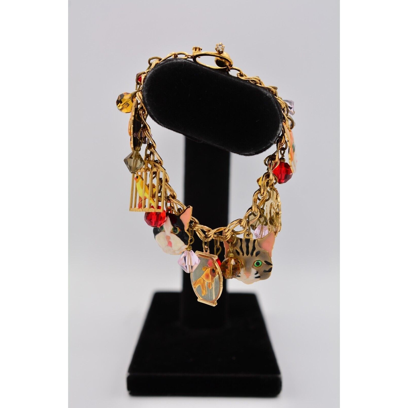 Lunch at The Ritz Vintage Cat Charm Bracelet Bird Fish Crystal Signed 1990s Bin6