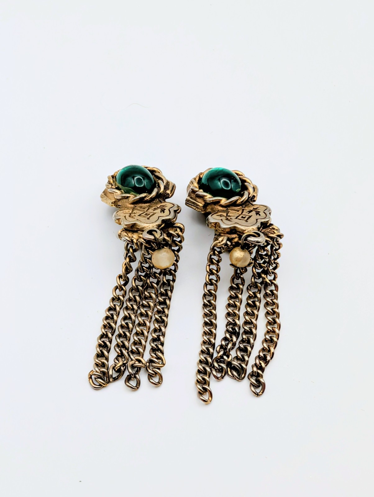 Vintage 1960s Gold Tone Tassel Clip On Earrings With Green Cabochon