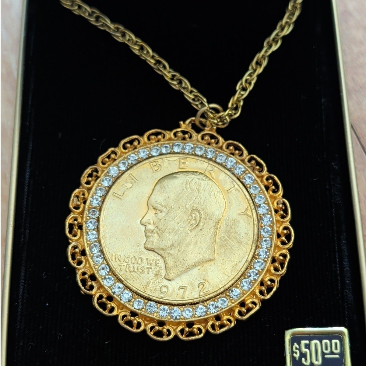 Eisenhower Dollar 1972 Gold Plated Pendant Necklace Vintage Chain