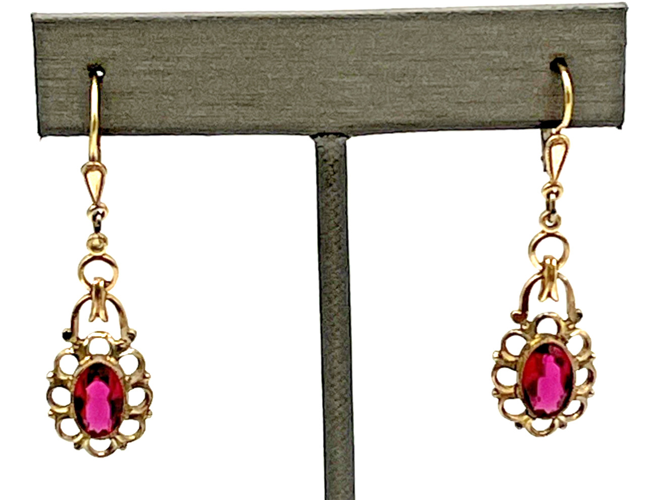 Vintage Art Deco Rolled Gold Red Ruby Simulated Pierced Earrings