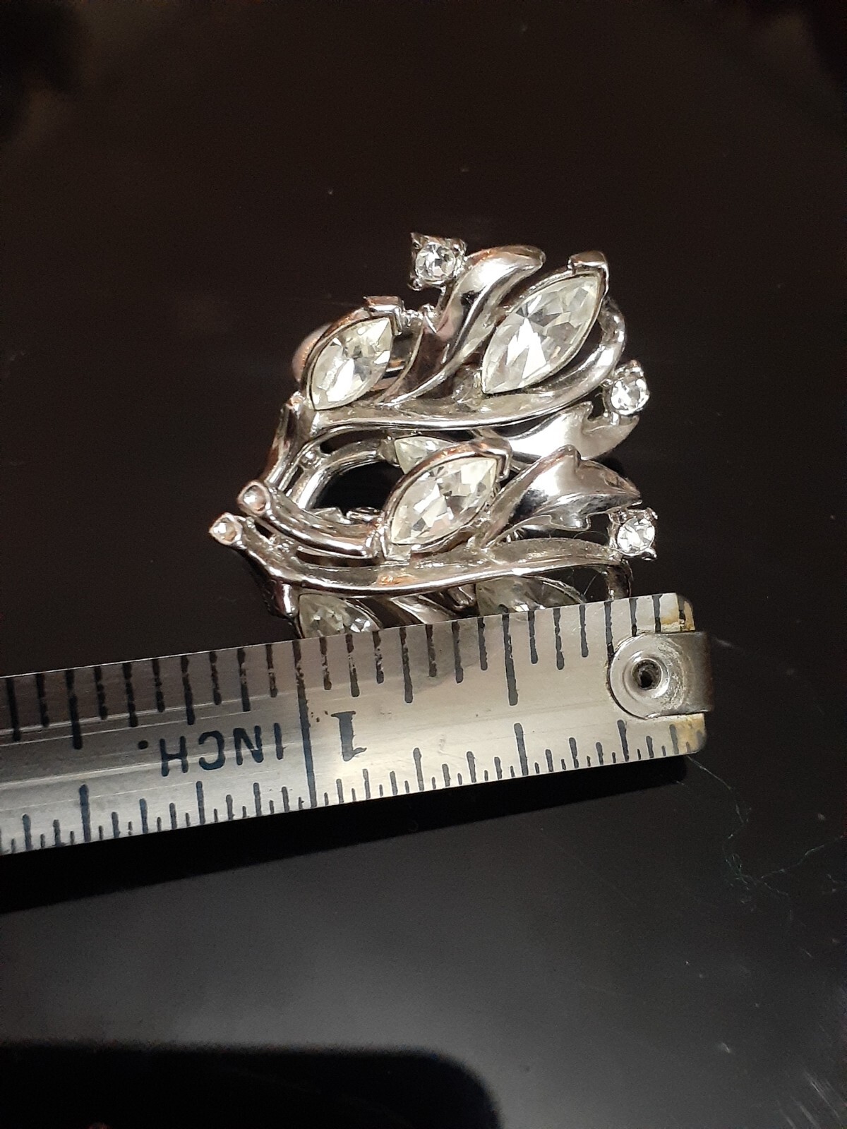 Vintage Crown Trifari rhodium plated marquise cut rhinestone clip on earrings