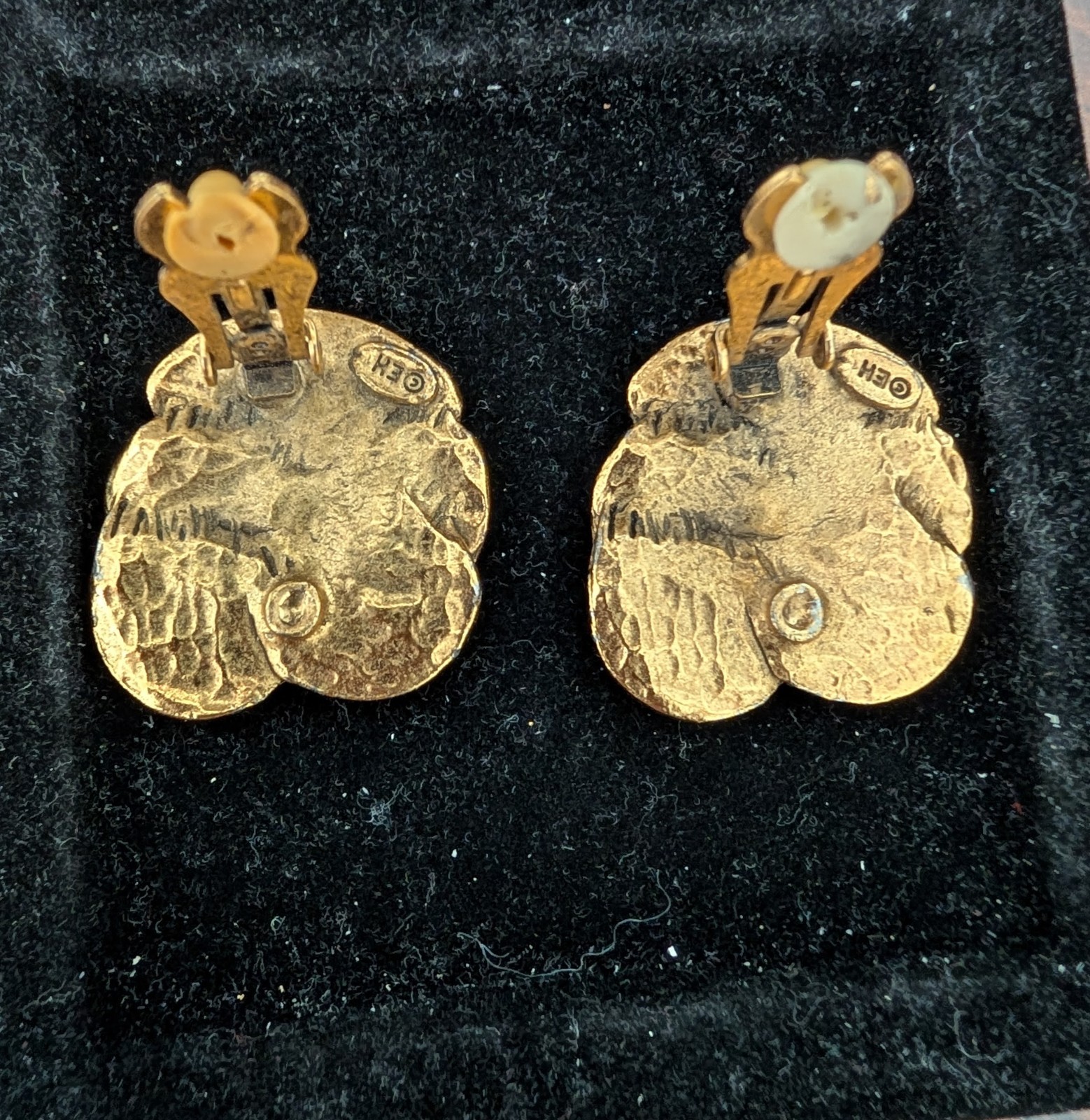 Vintage Signed EH Clip-On Pansy Earrings
