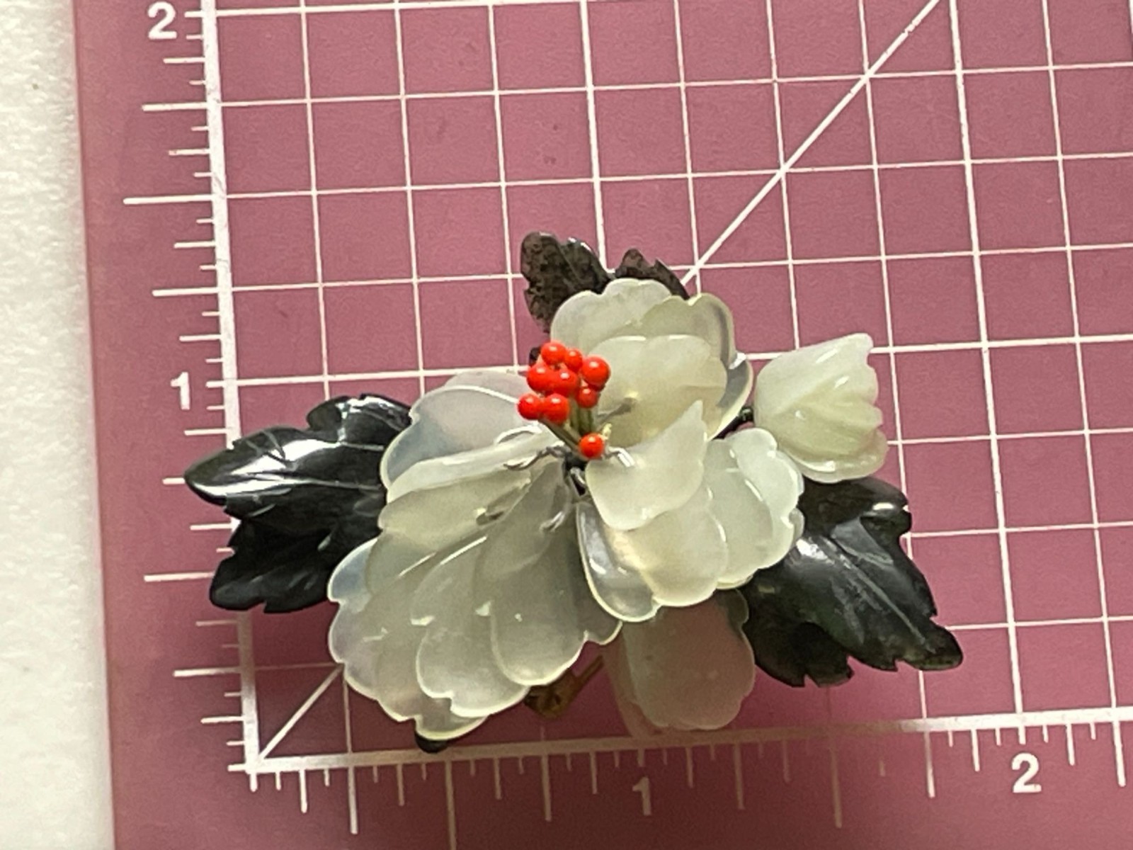 Vtg Chinese Carved Glass Peony Flower Brooch Wire Wrapped Celadon Green Red Pin