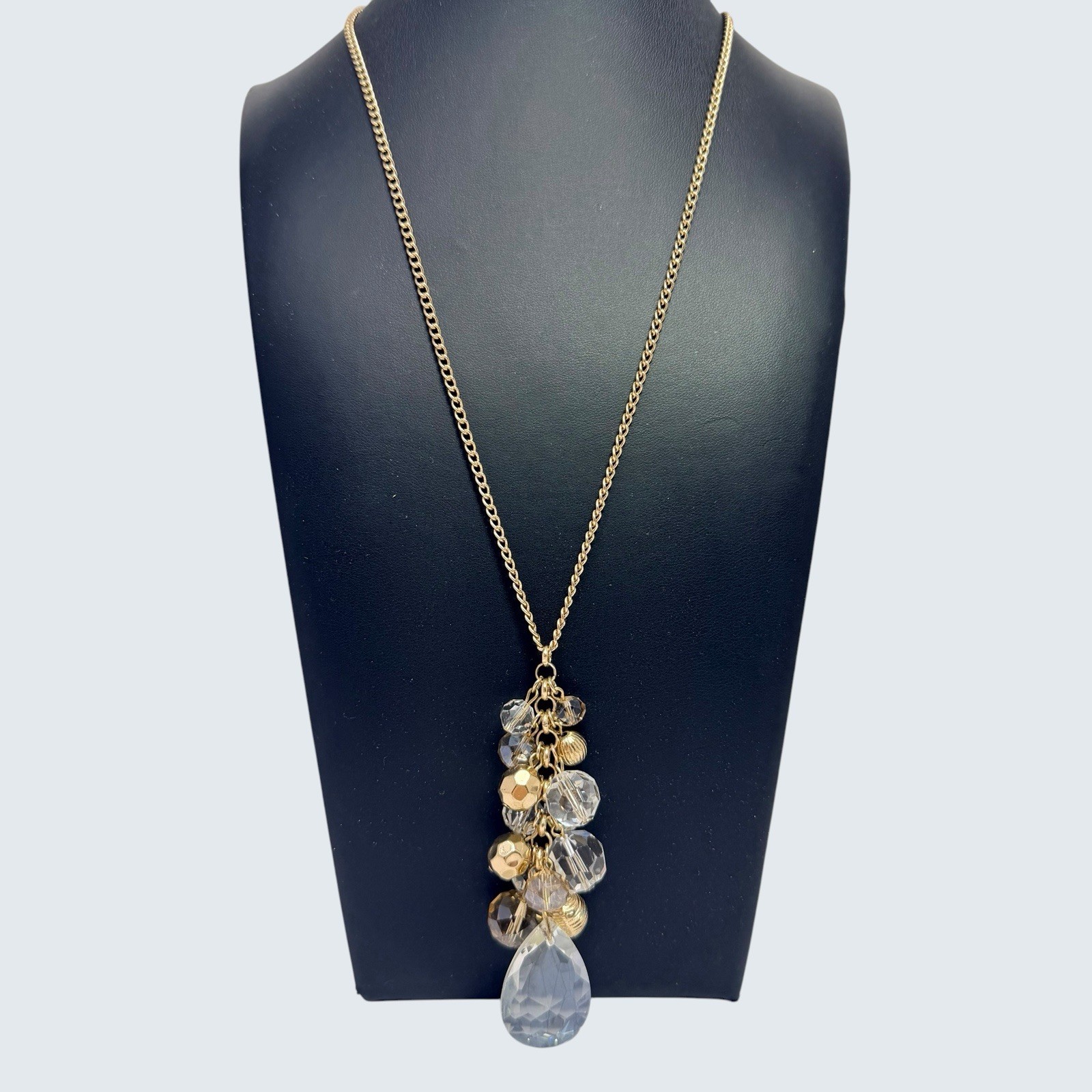 Vtg Clear Acrylic Cluster Gold Tone Beads Teardrop Long Pendant Necklace