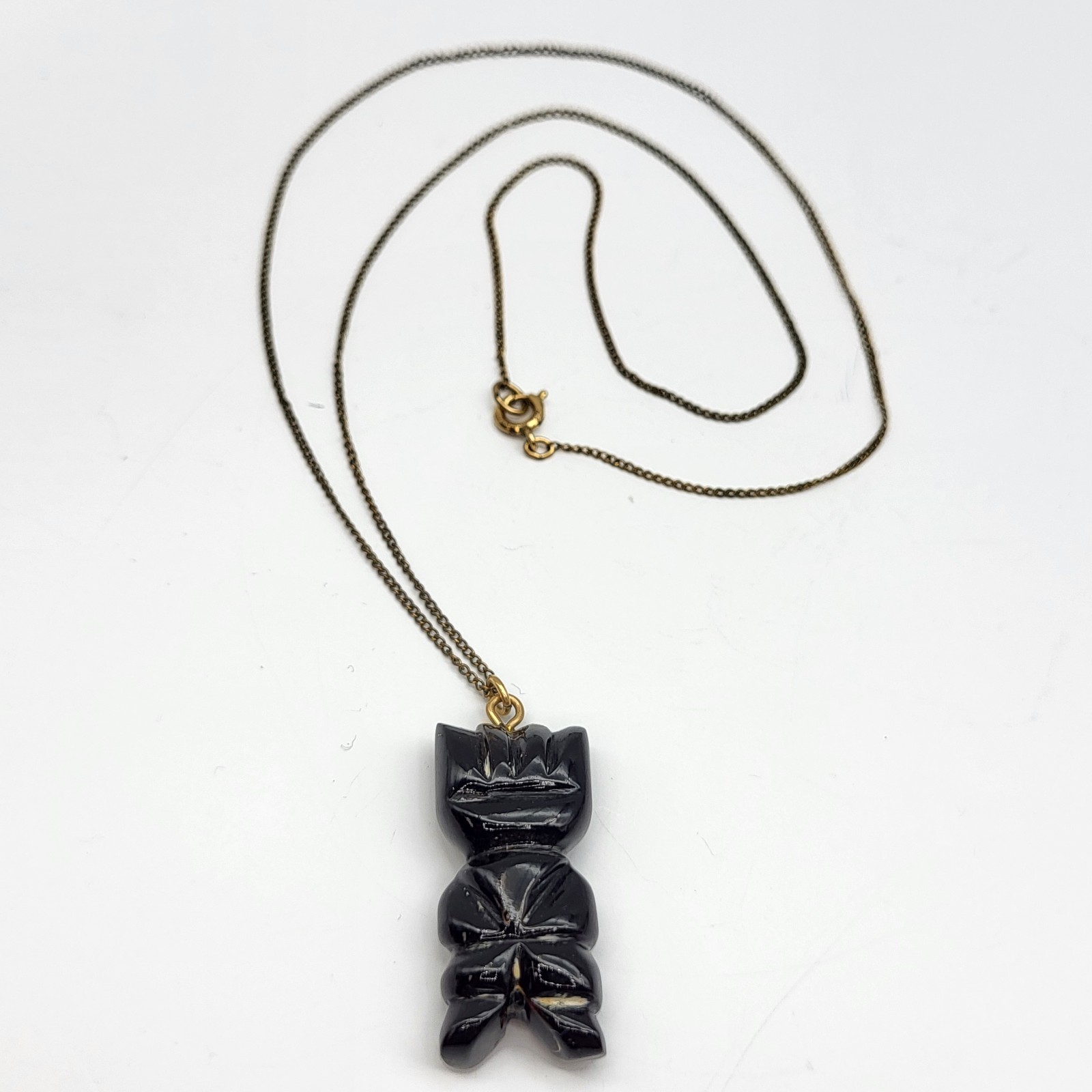 VTG Black Coral Moai Easter Island Tiki Pendant Hand Carved gold filled chain