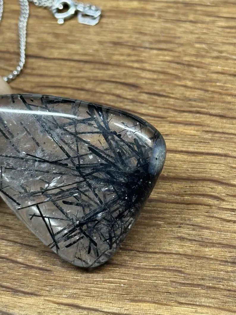 antique large rutilated tourmaline quartz pendant with chain necklace 835 silver