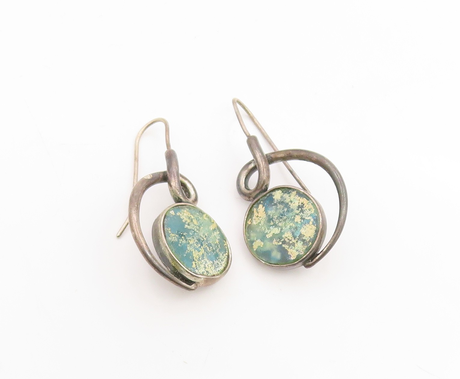 925 Sterling Silver Vintage Earrings BRURIA Classic Roman Glass Dangle EG14278