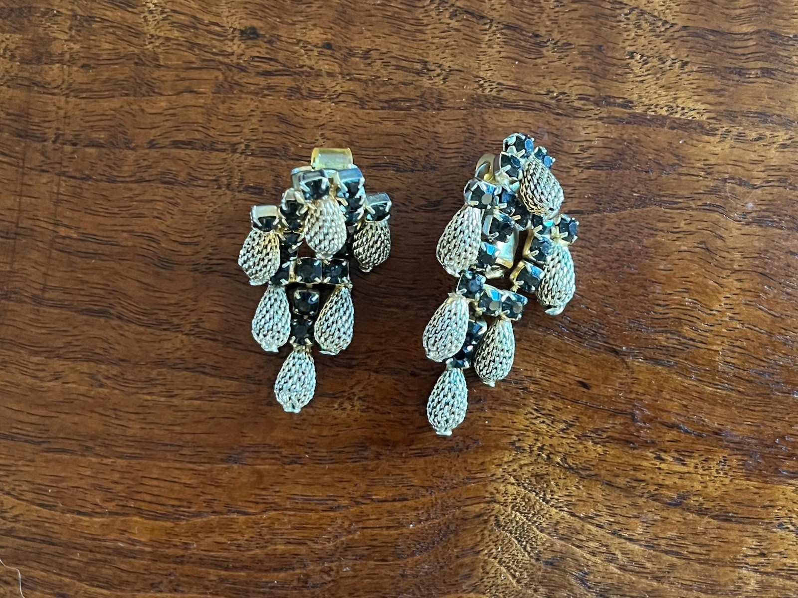 Vintage Signed HOBE Gold & Silver Plate Dangle Black Colored Rhinestone Earrings