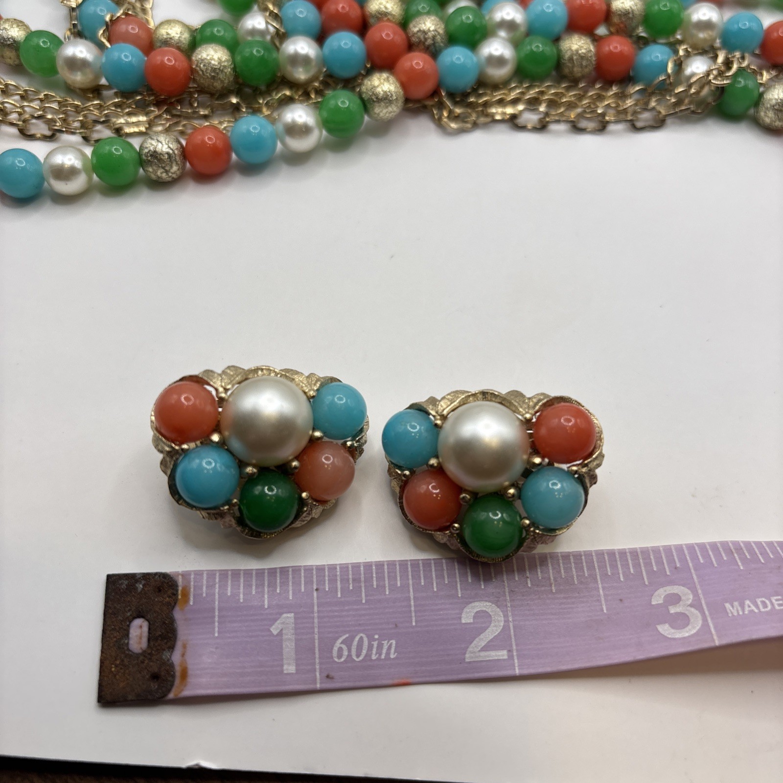 Vintage Gold Toned Multi Strand Necklace, Earring, Bracelet Set Multicolored