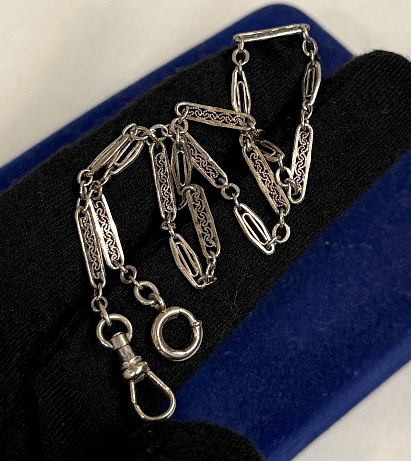 Filigree White Gold Filled Fob Detail Bar link 13.5” 5.4g Vtg victorian 3.4mm Gf