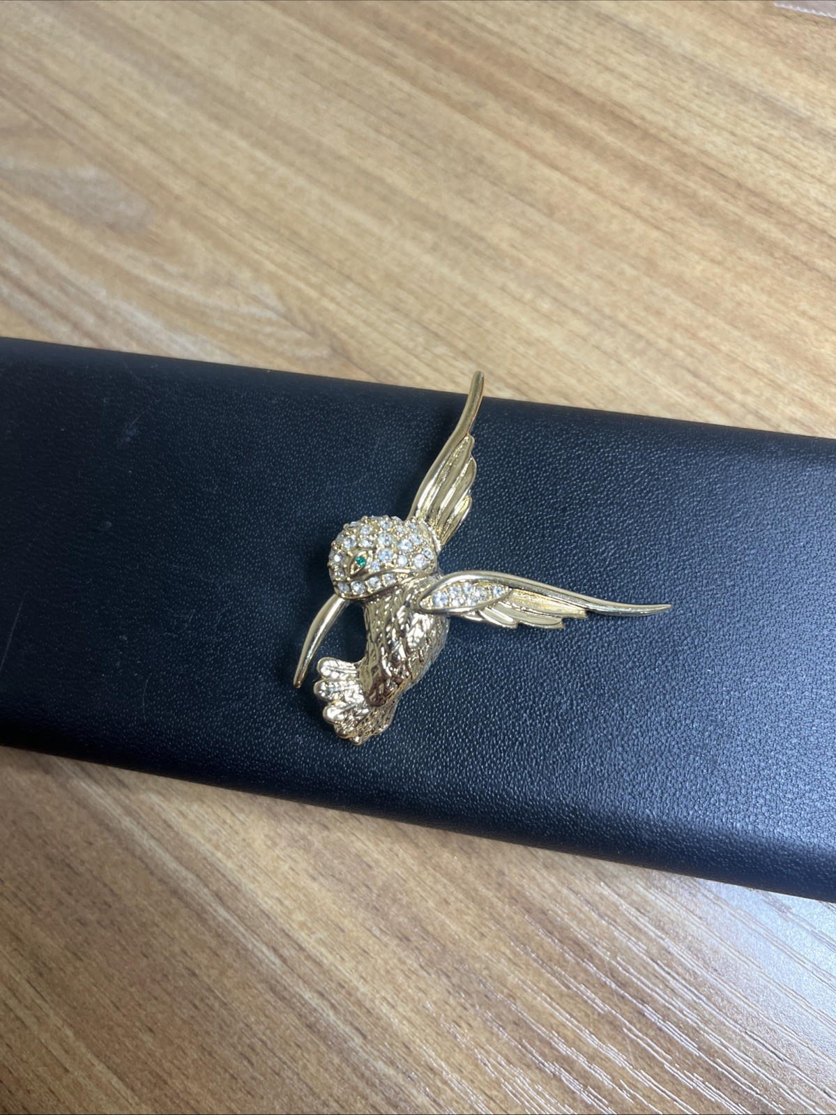 Vintage Humming Bird Brooch Gold Tone with Clear Rhinestones, Green Eye Stone