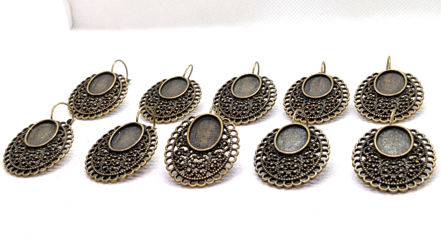 10 Bronze Colored Earring Blanks Bezel Settings Filigree Border Cabochon Base