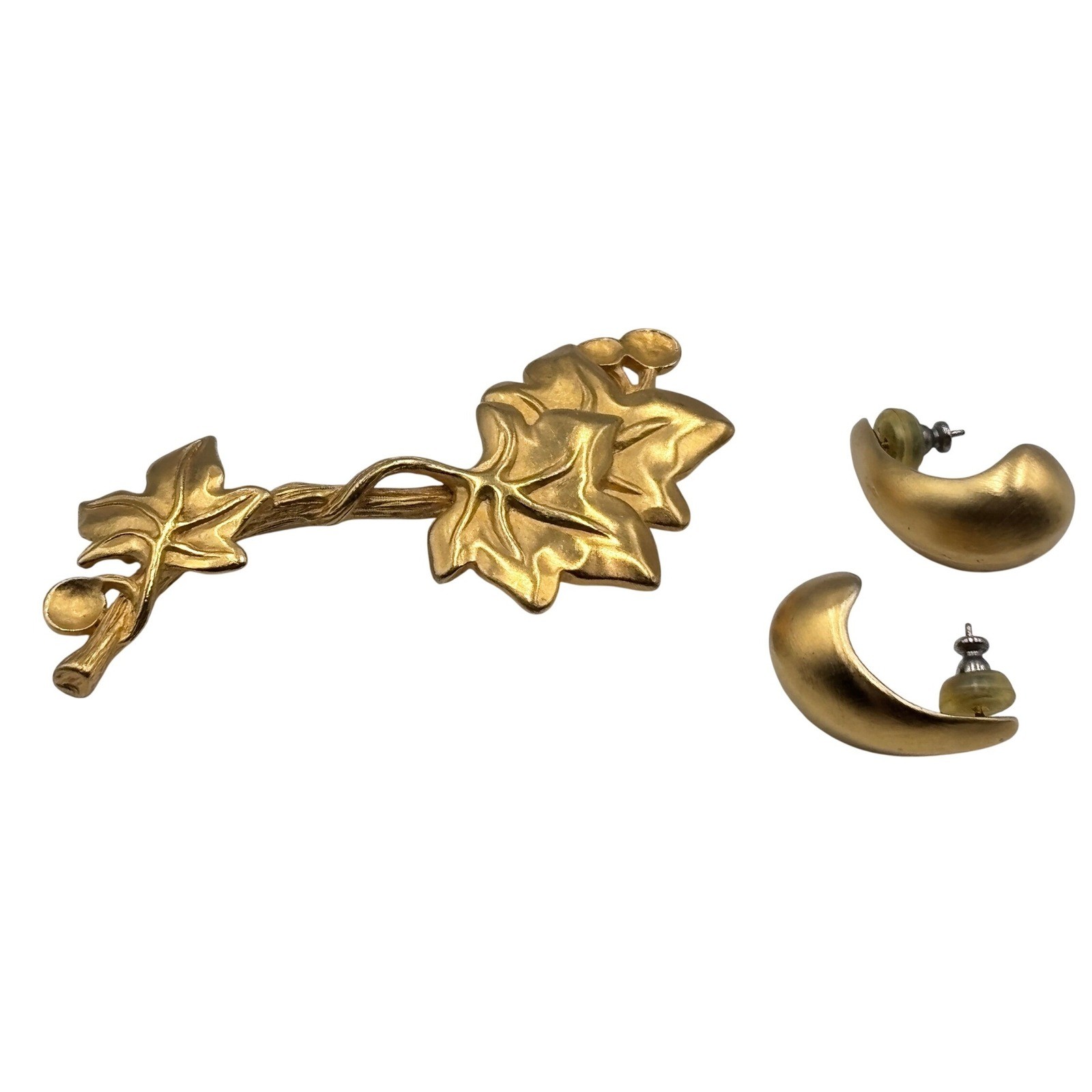 Vintage GIVENCHY Ivy Leaf Branch Brooch and Crescent Hoop Earring Jewelry Set