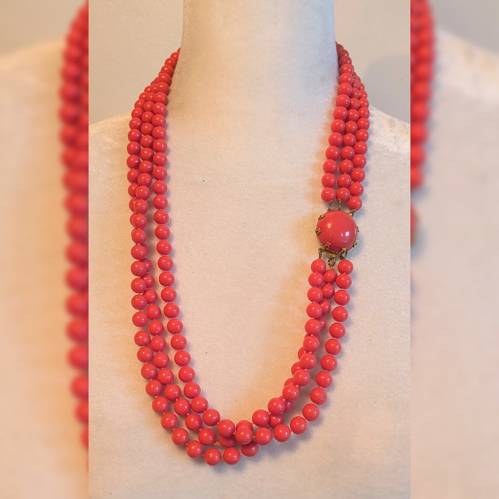 Vintage 60s Spring Bright Orange Acrylic Multi Strand Beaded Statement Necklace