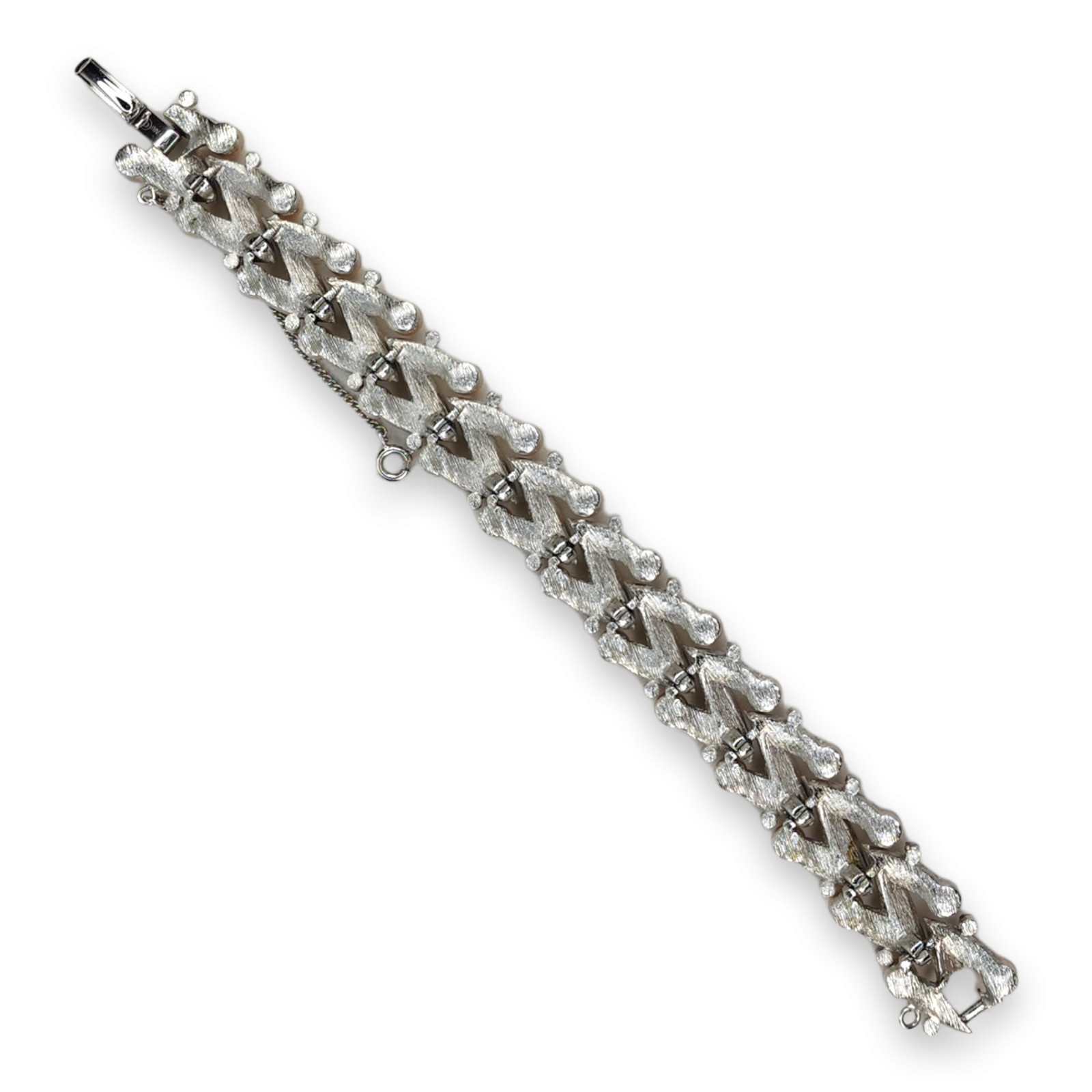 Vintage Trifari Silver Tone Clear Rhinestone Faux Pearl Links Bracelet 7.25 In