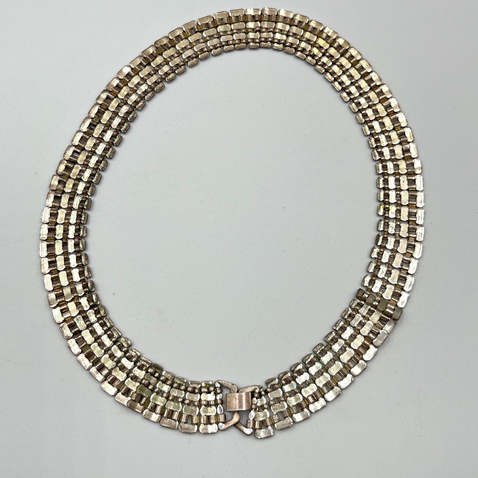 Vintage Retro Silver Tone 7-Row Brick Link Choker Necklace, Deco Style Statement