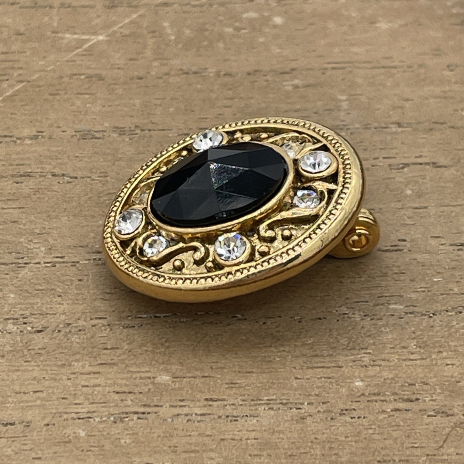 Vintage 1928 Company Gold-Tone Clip On Earrings With Black Gemstone & Rhinestone