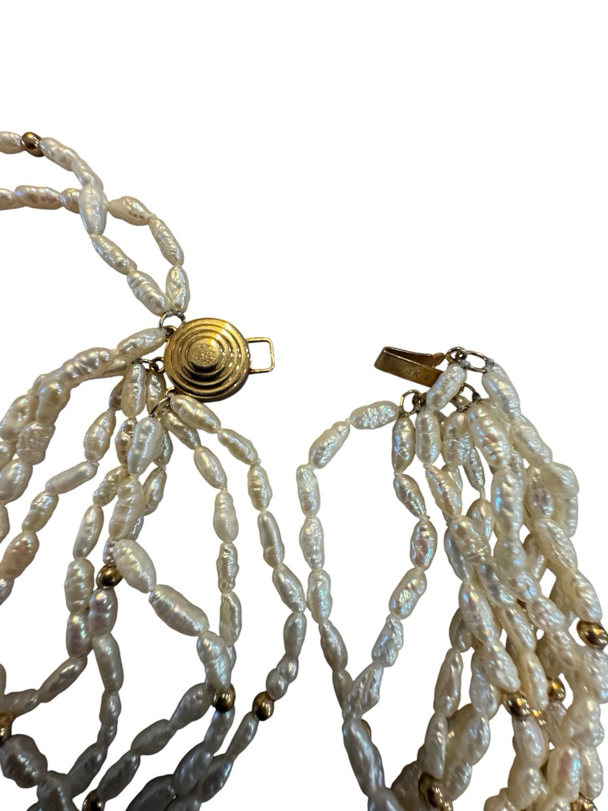 24” Multi-strand Freshwater Pearl 14k Gold Clasp Necklace Gold Beads 10 Strands