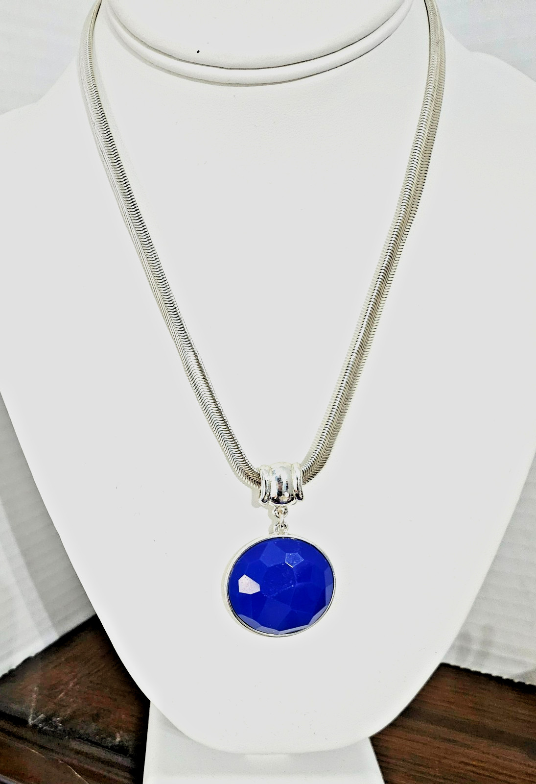 Vintage Crown Trifari Flexible Snake Chain and Large Faceted Blue Stone Pendant
