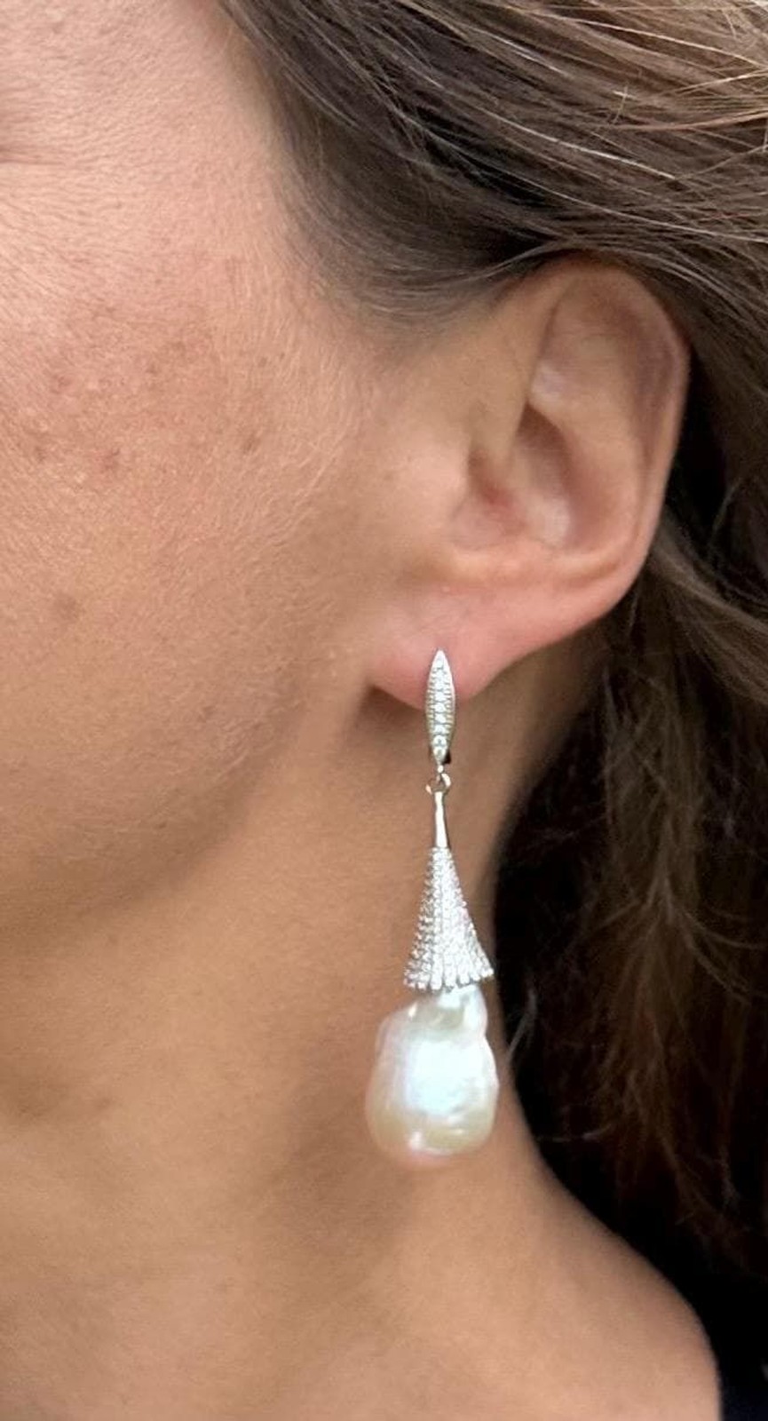 2.6” White Baroque Flameball Pearl Drop Earrings CZ Leverback Bridal Gift