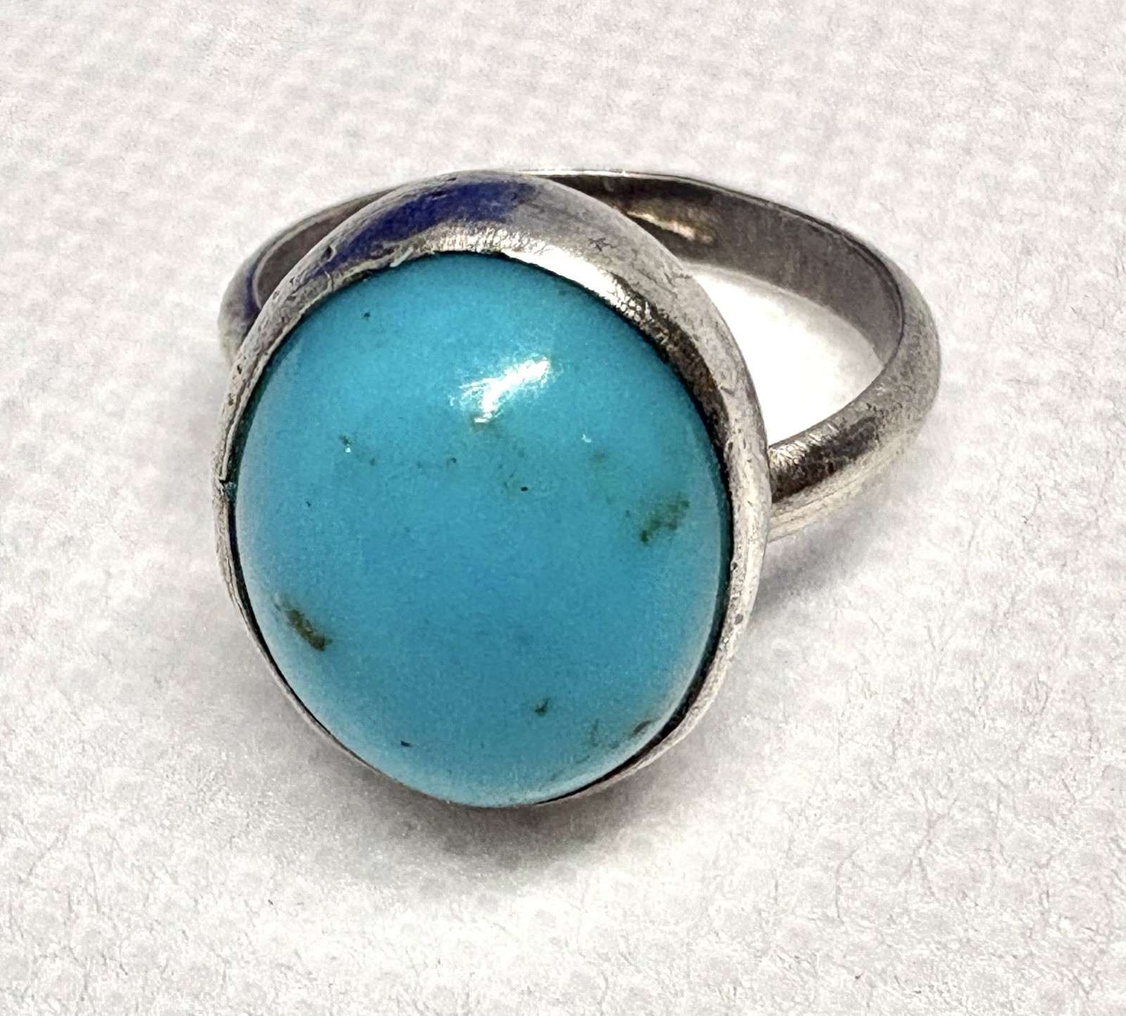 (08) Huge 6 Ct. Turquoise 925 Sterling Silver Ring Size 5.5 Vintage est 1970s
