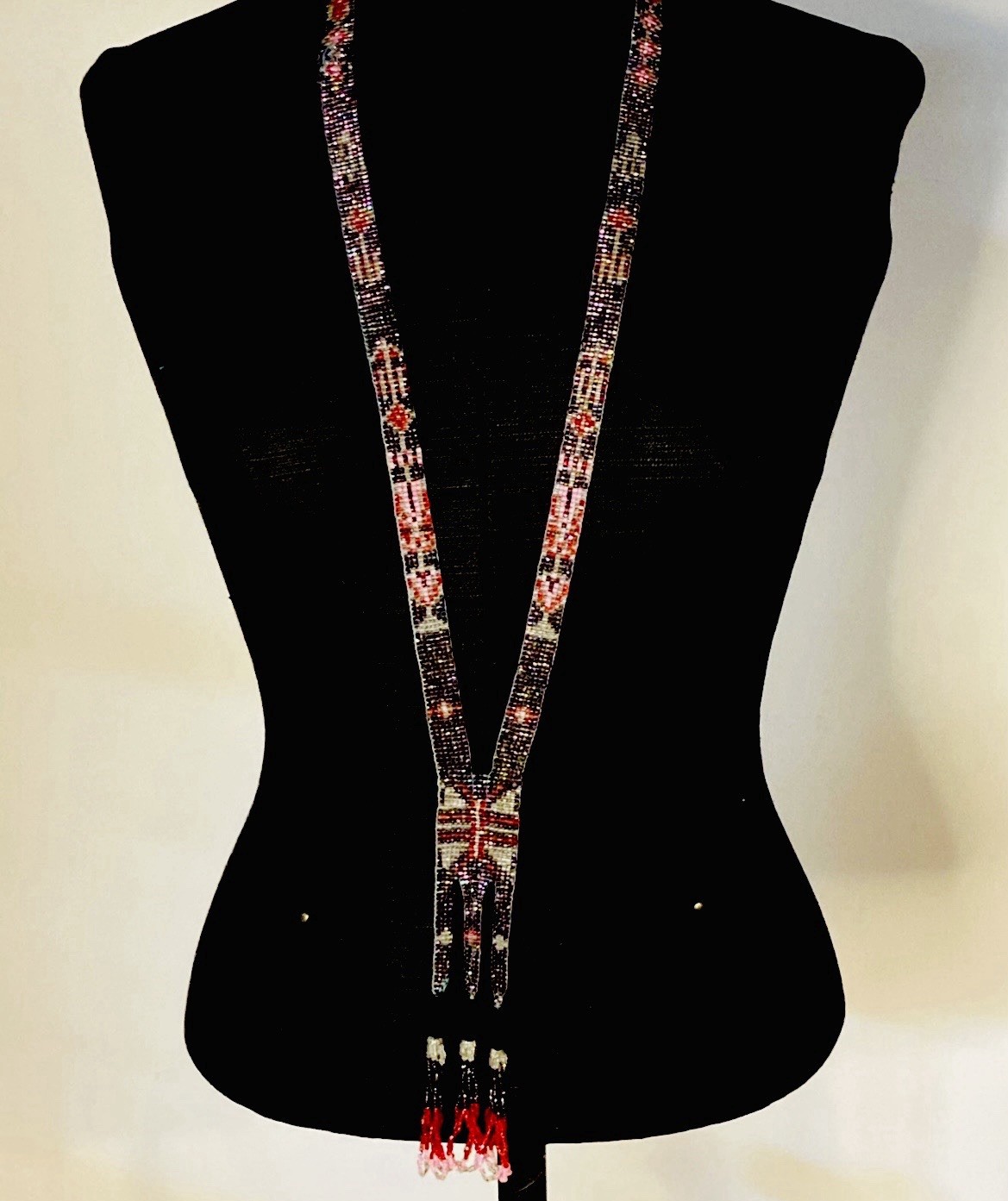 1920s Flapper Deco Sautoir Necklace, Very Good Antique Condition, Ecru/Blue/Pink