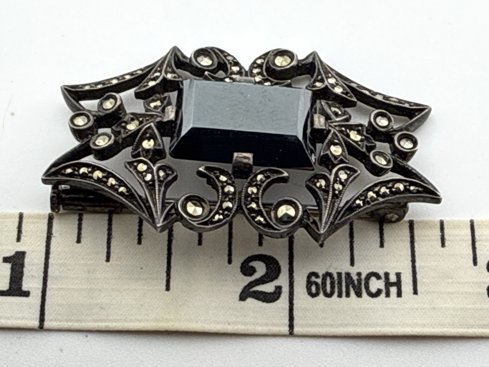 Antique Sterling Silver Unmarked natural hematite brooch Trombone Clasp 1.5”X1”