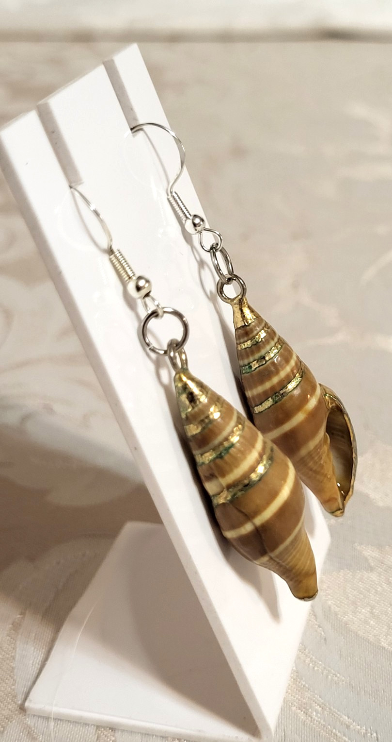 70s Vintage 925 Silver Golden and Brown Natural Seashell Dangle Drop Earrings