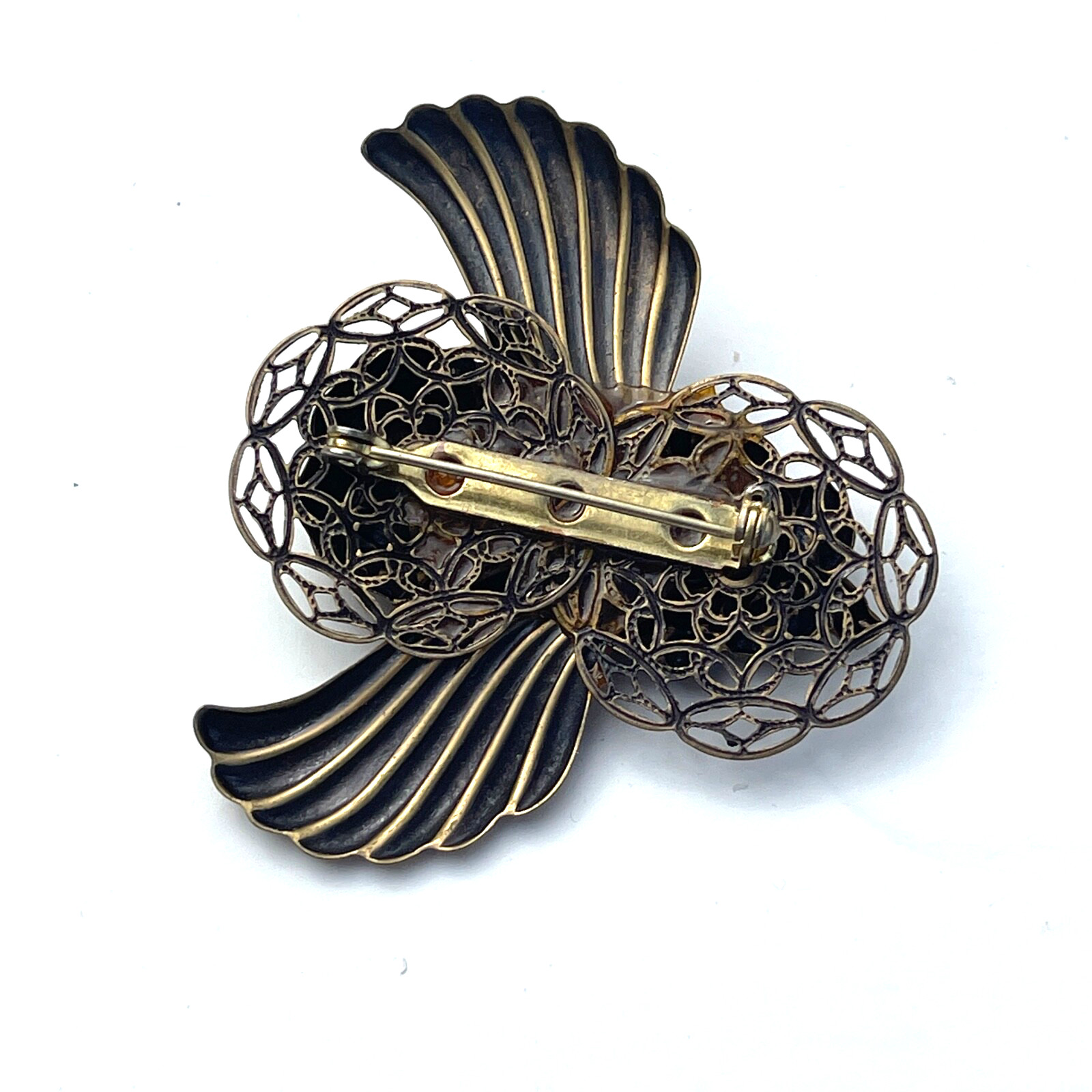 VTG Christmas Angel Brooch Rose Filigree Wings Cabochon Antique Gold Tone Pin