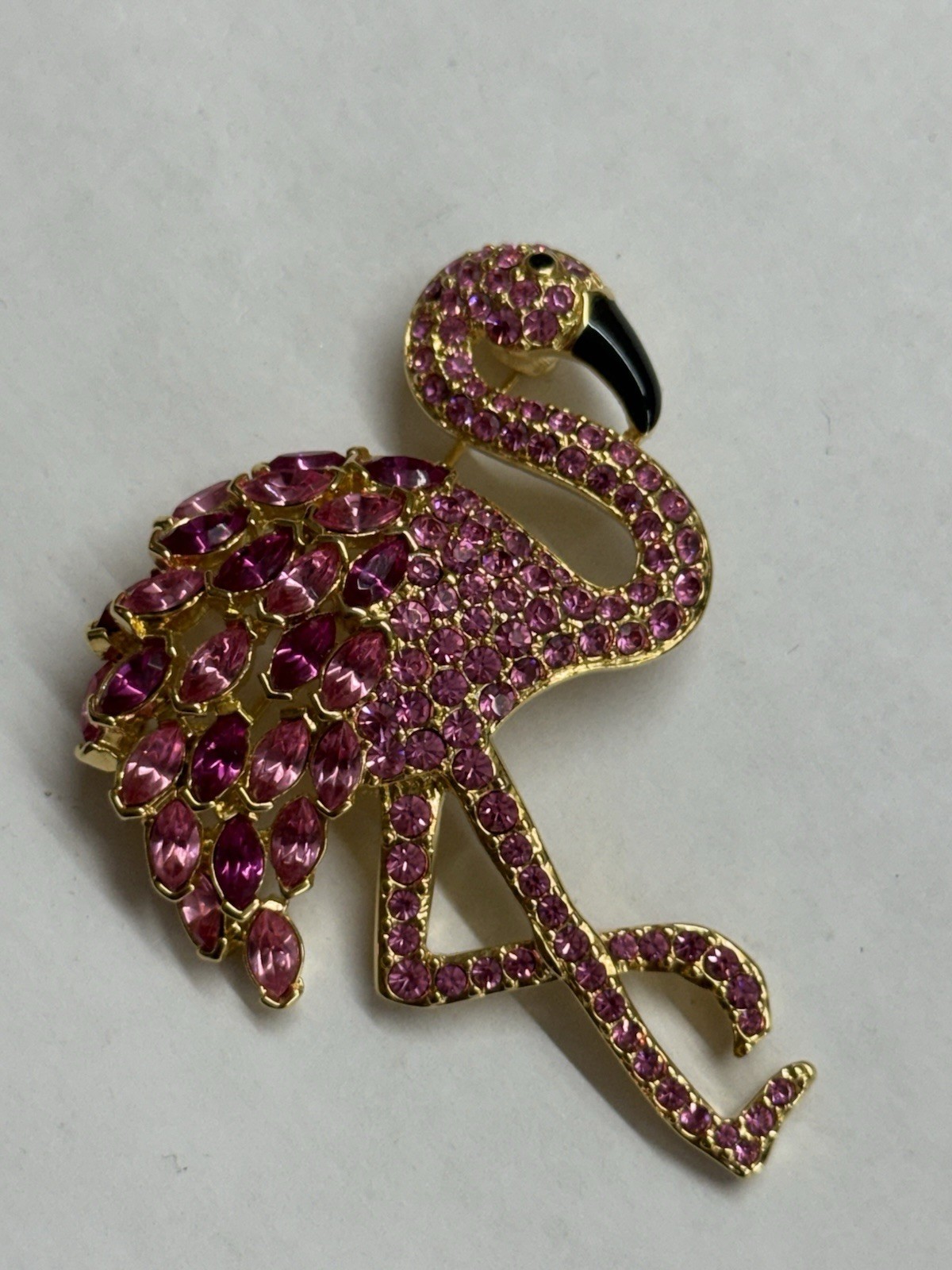 Vintage Nolan Miller Gold Tone Rhinestone Pink Flamingo Pin Brooch Large Signed