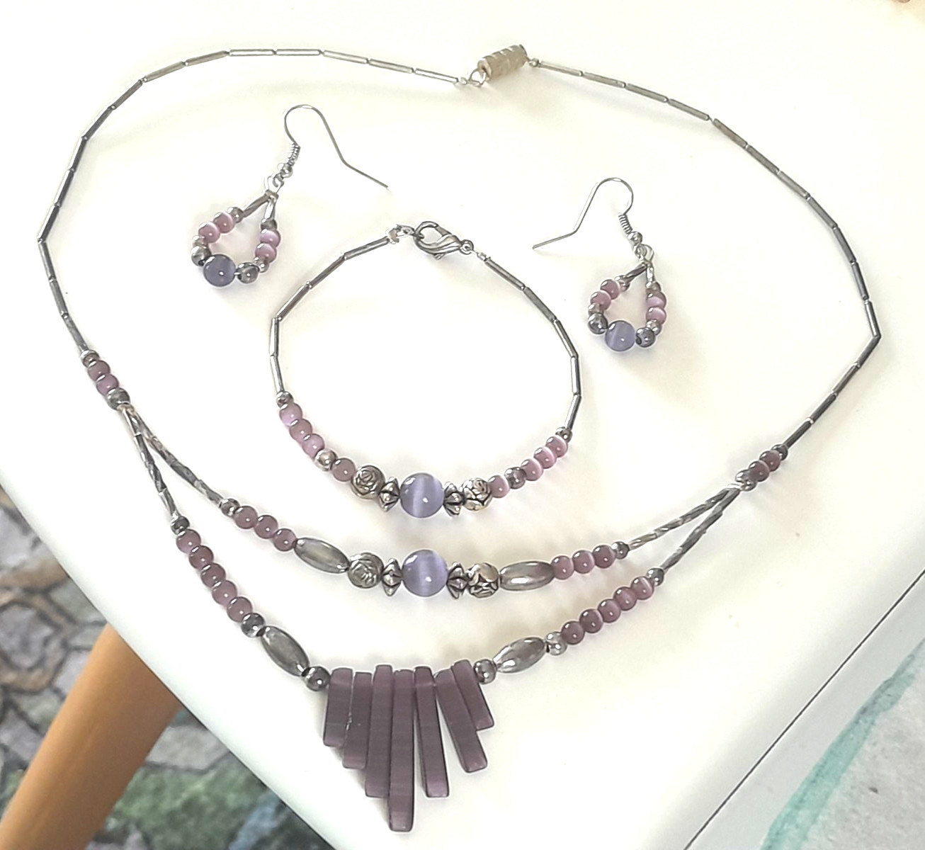 VTG Artisan Silver Tone Violet Purple Glass Necklace, Bracelet, Earrings Set