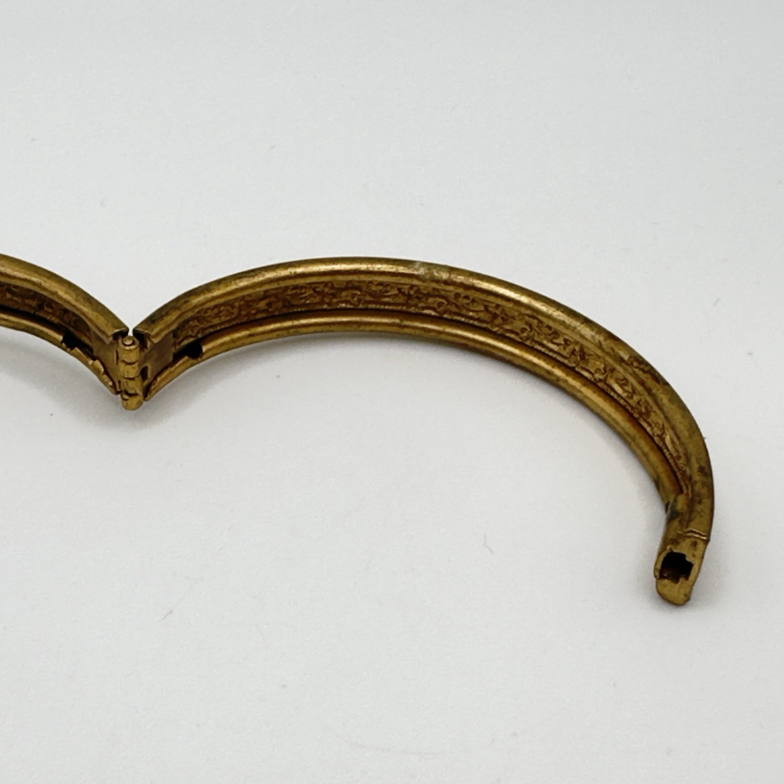Vintage Victorian Revival Heart Bangle Bracelet Red Glass Gold Tone Hinged TINY*